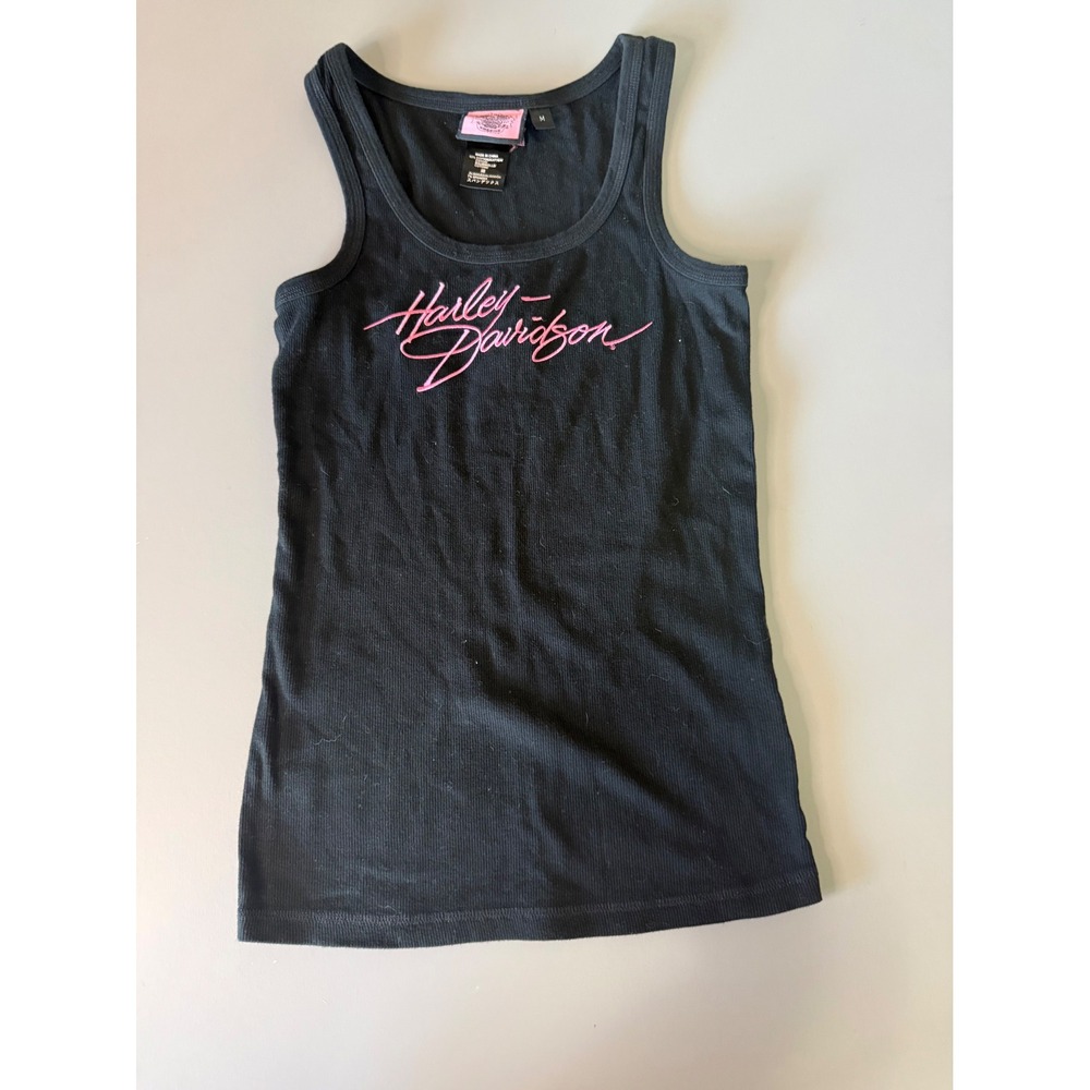 Harley-Davidson Womens Black Ribbed Tank Top Pink Embroidered Script Logo Medium